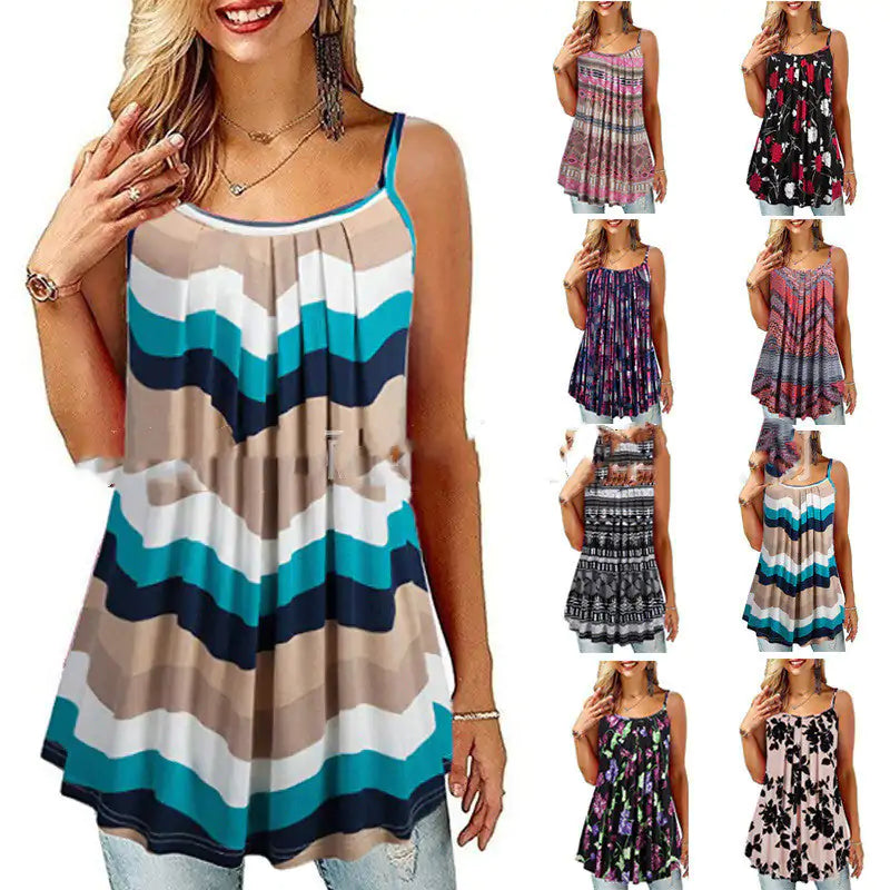 Women's Printed Pleated Wide Hem Loose Camisole